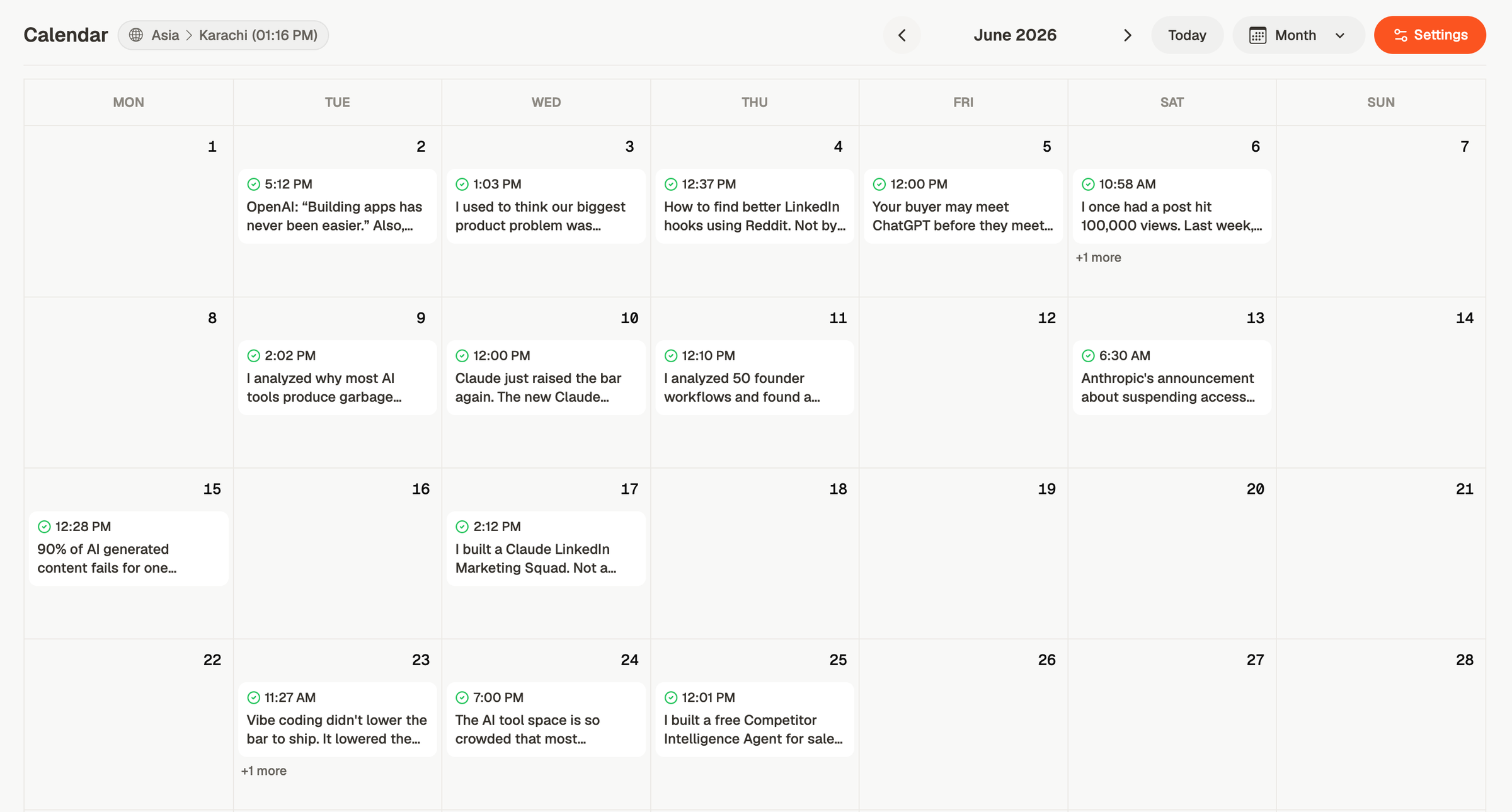Depost AI content calendar in month view with published LinkedIn posts on most weekdays, each showing its time and opening line