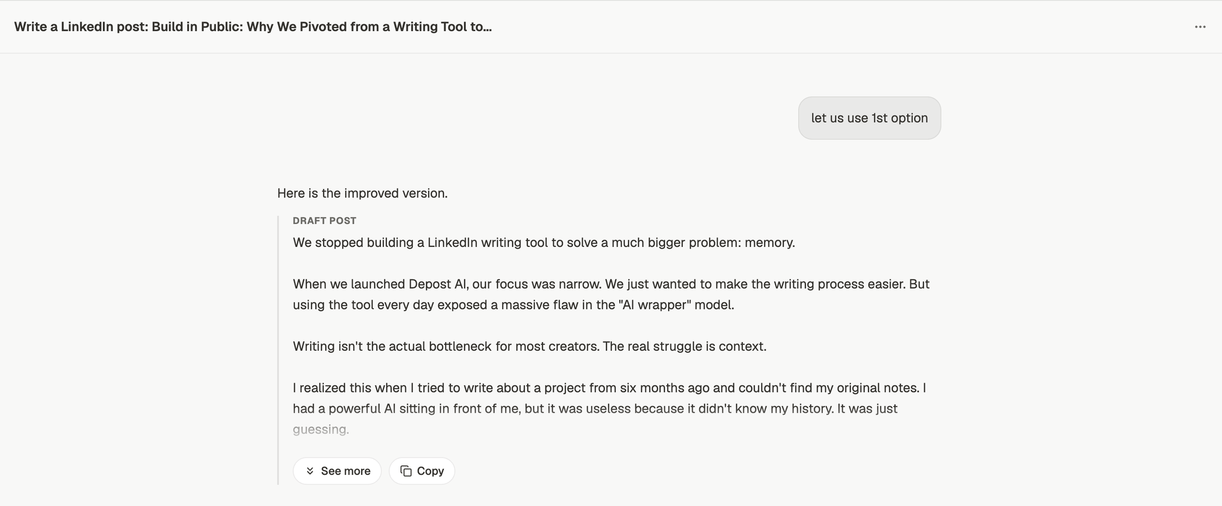 Depost AI chat with a draft LinkedIn post block titled Draft Post, under a message choosing one of the offered options, with See more and Copy buttons