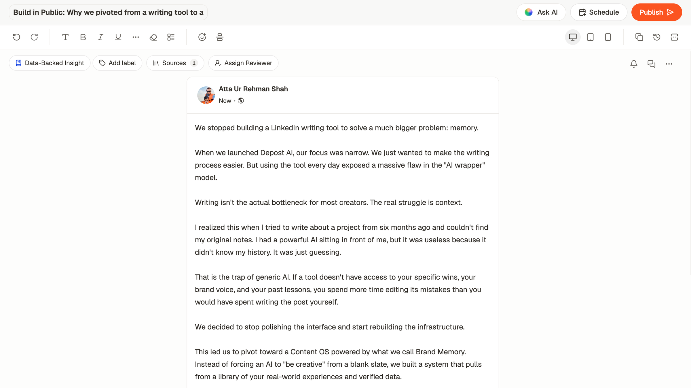 Depost AI post editor showing a LinkedIn preview of the draft with formatting toolbar, a label, sources, an Assign Reviewer button, and Schedule and Publish buttons