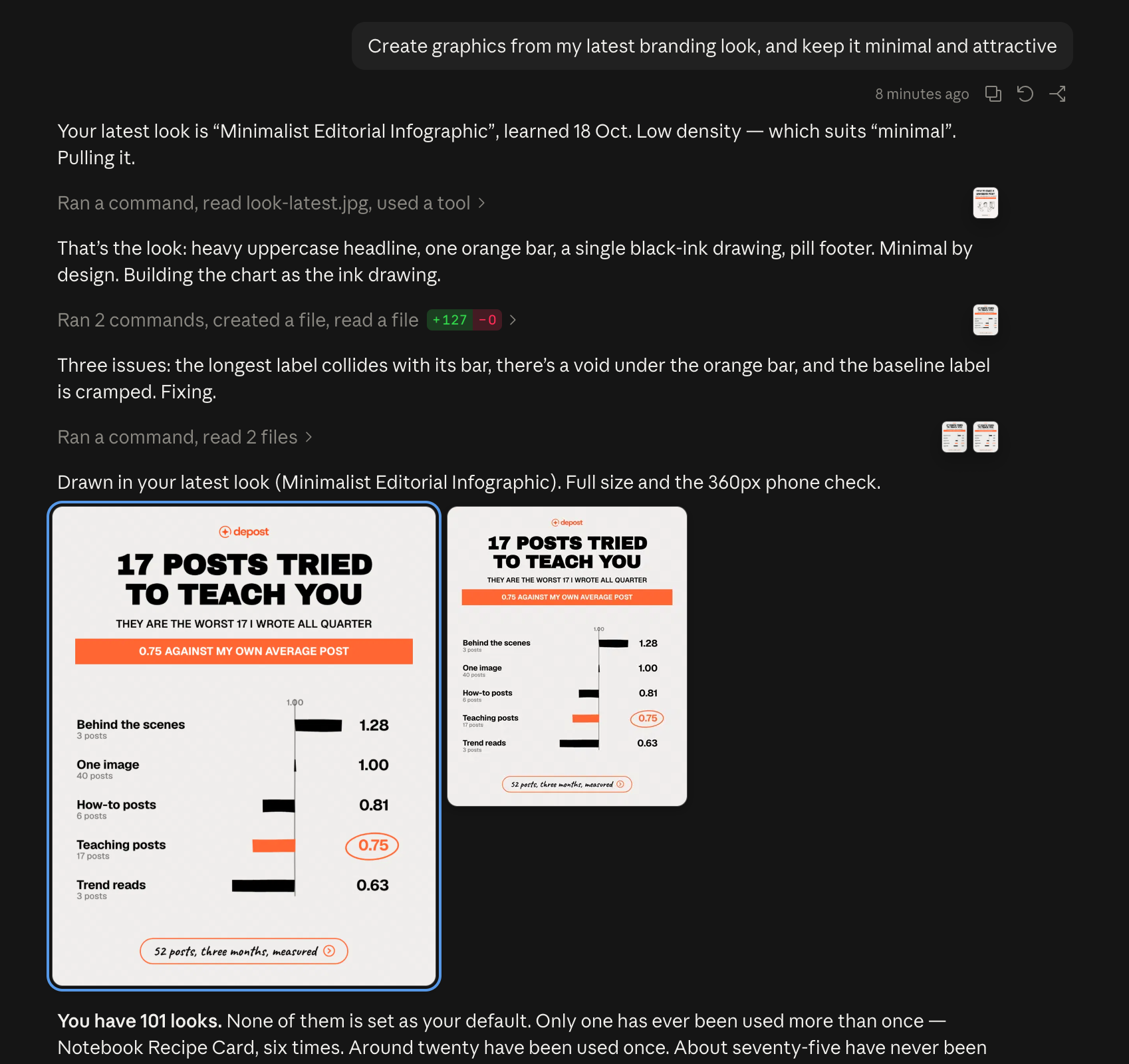 Claude reading a saved visual look, drawing a bar chart in that style, noticing three layout faults in its own output and fixing them, then showing the finished graphic at full size beside a 360 pixel phone check