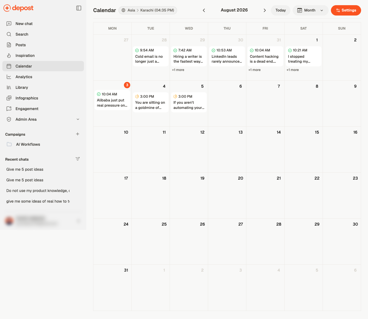 The calendar in month view showing scheduled posts across the weeks