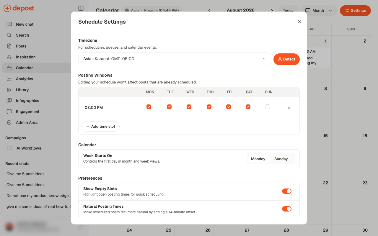 The Schedule Settings dialog showing timezone, a posting windows grid, week start, and preferences
