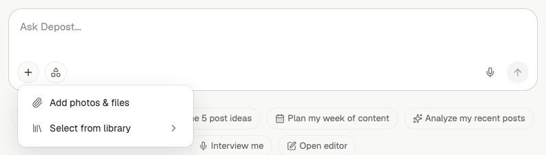 The plus menu open beside the chat message box, showing Add photos and files, and Select from library