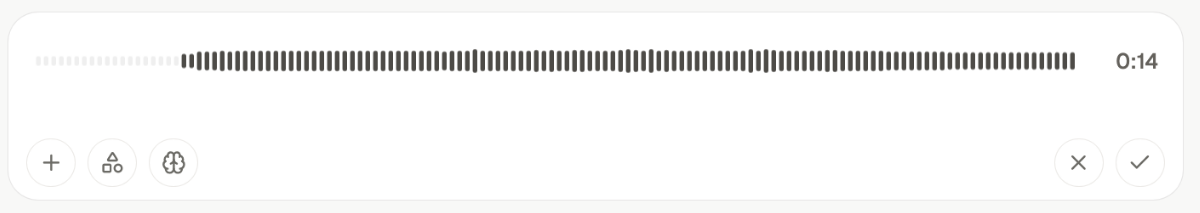 The message box recording, showing a waveform, a timer reading fourteen seconds, and buttons to discard or accept