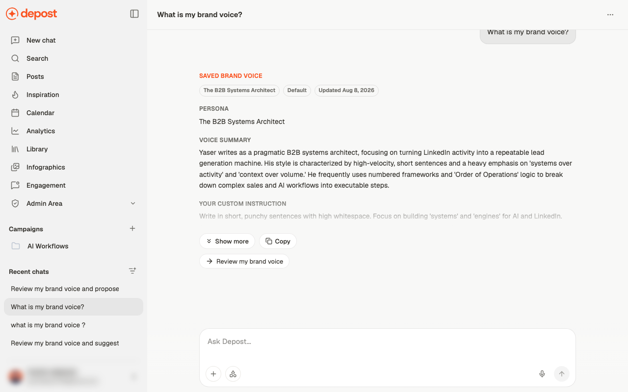 The saved brand voice returned in chat, showing the persona, a voice summary, and the custom instruction