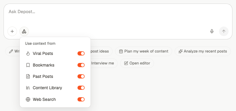 The Use context from menu open, showing toggles for Viral Posts, Bookmarks, Past Posts, Content Library, and Web Search, all switched on