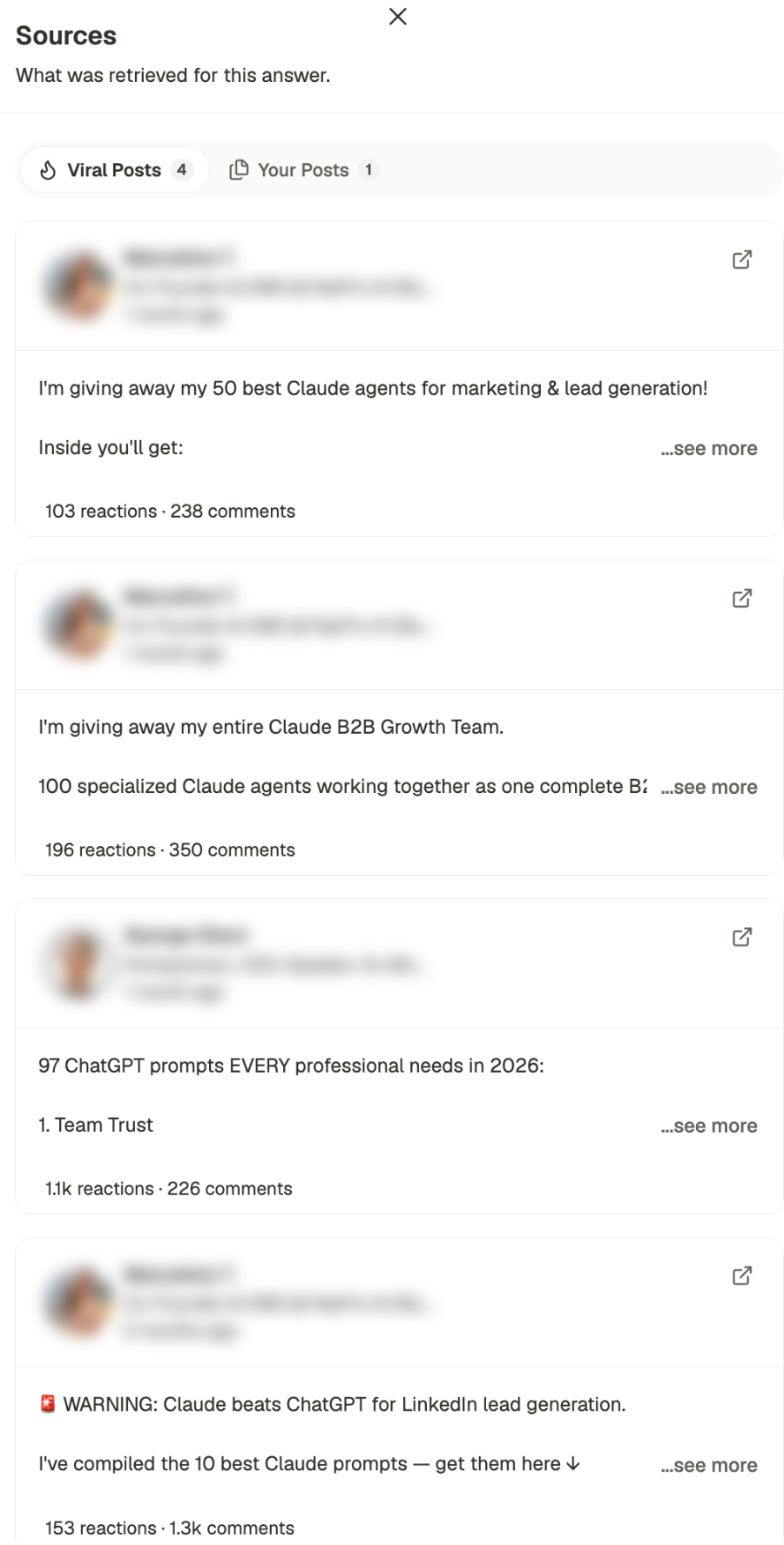 The Sources panel, headed What was retrieved for this answer, with tabs for Viral Posts and Your Posts and a card per source showing the post, its reactions and comments, and a link to the original