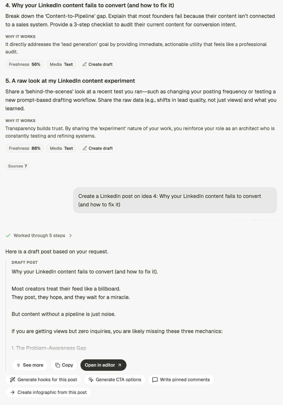 A chat thread showing generated ideas with Create draft buttons, then a request to create a post from idea 4, then the resulting draft