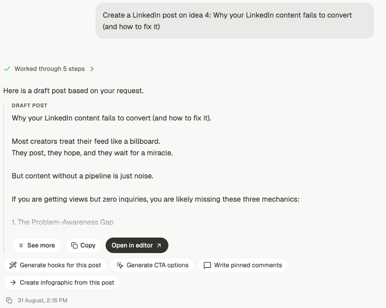 A generated draft post in a chat thread, with See more, Copy and Open in editor buttons, and follow-up actions for hooks, CTAs, pinned comments and infographics