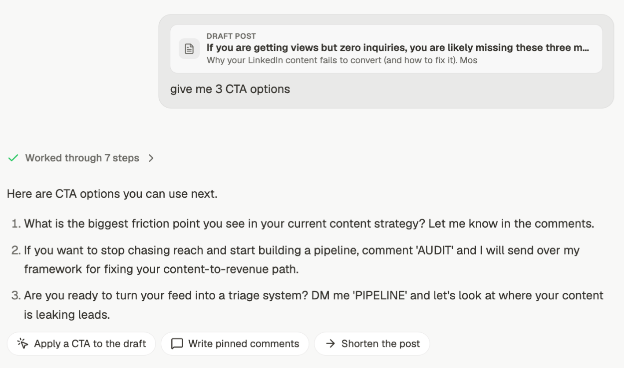Three numbered CTA options returned in chat, with follow-up buttons to apply a CTA to the draft, write pinned comments, or shorten the post