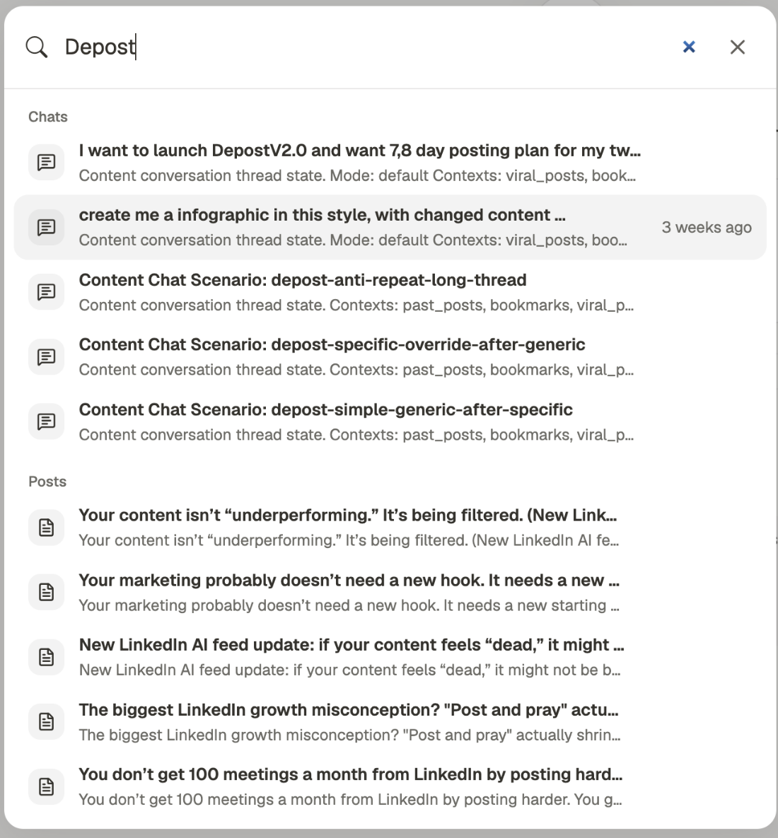 The search box open with a term typed, showing matching chats and posts grouped under separate headings