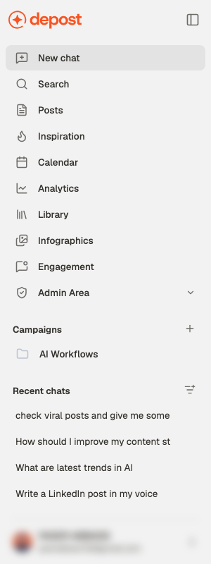 The Depost AI sidebar showing the main navigation, a Campaigns section, and the Recent chats list