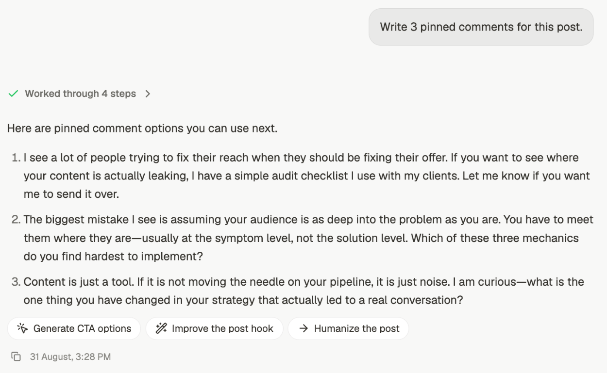 Three pinned comment options returned in chat, with follow-up buttons to generate CTA options, improve the post hook, or humanize the post