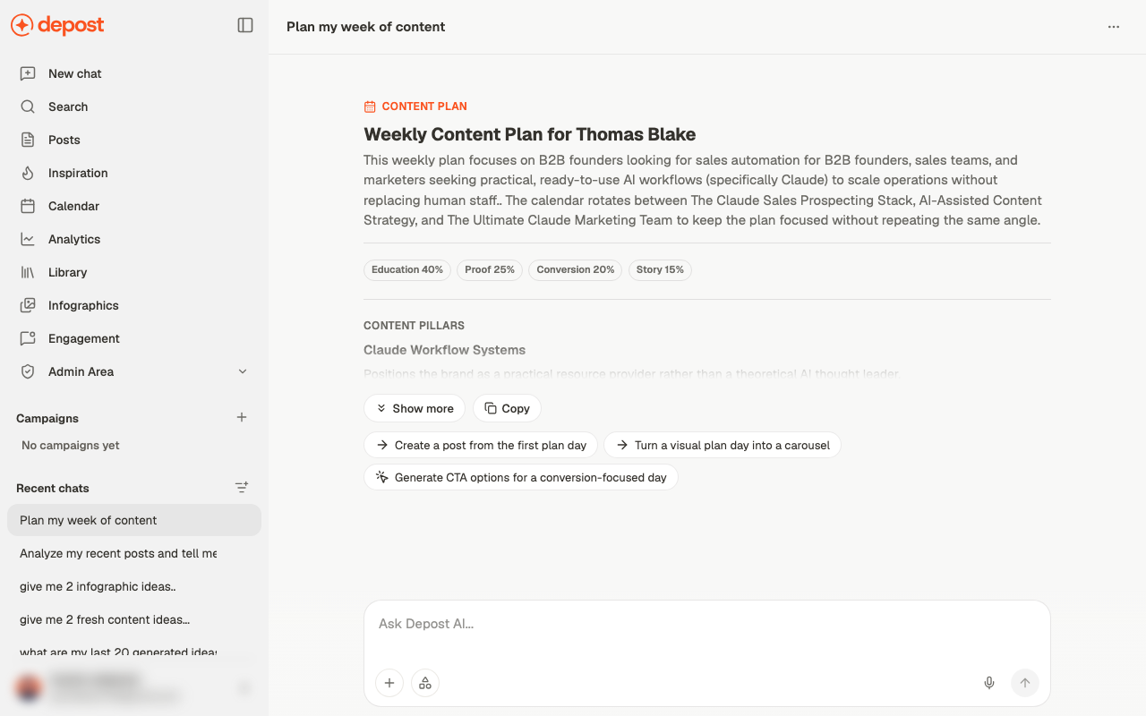 A weekly content plan in chat, showing the content mix as percentages, content pillars, and follow-up actions