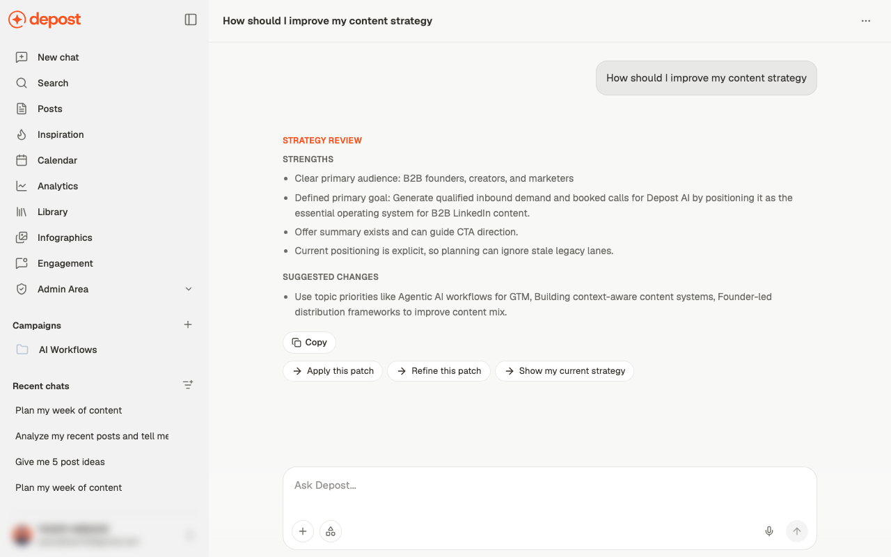 A strategy review in chat, showing strengths and proposed changes before anything is applied