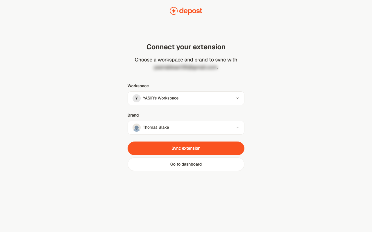The connect Chrome extension screen with workspace and brand selectors