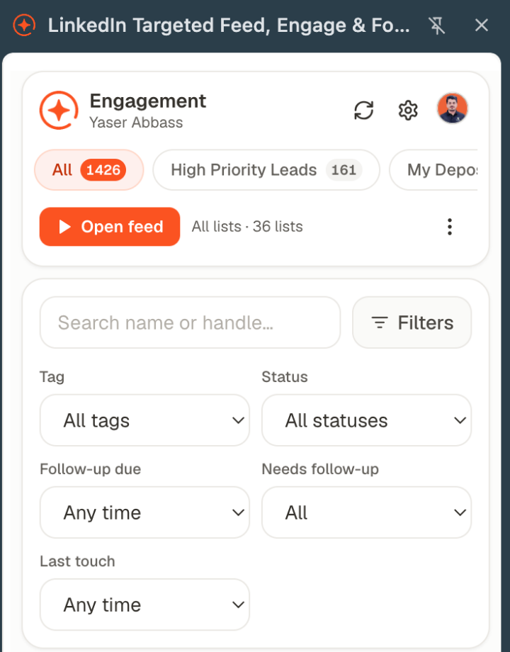 The extension panel on LinkedIn showing lead lists as chips with counts, an Open feed button, and filters for tag, status, follow-up due and last touch