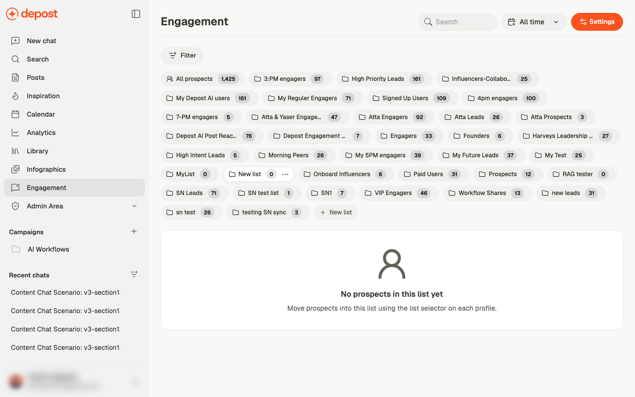 A newly created empty lead list, with the message that prospects are moved in using the list selector on each profile