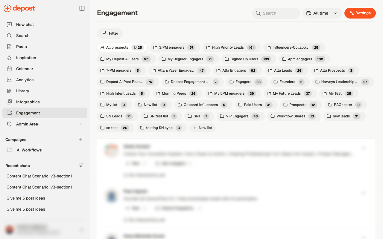 The Engagement screen showing lead list chips with counts above a list of prospects