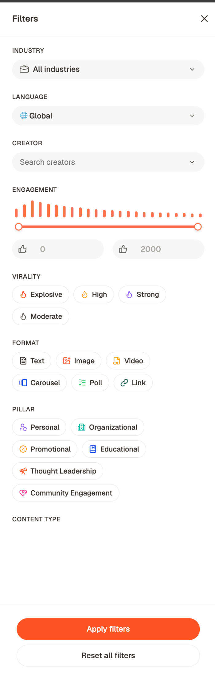 The Filters panel with industry, language, creator, an engagement range slider, virality bands, format, pillar and content type, above Apply filters and Reset all filters