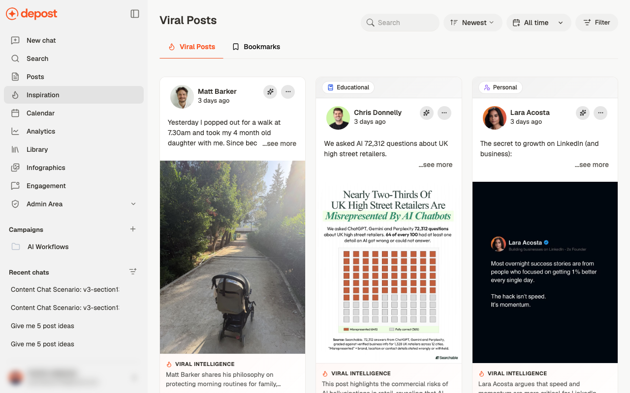 The Viral Posts feed showing post cards with author, content, a category badge, and a Viral Intelligence note explaining why each post worked