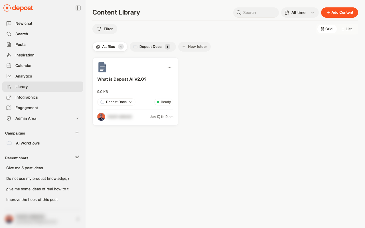 The Content Library screen showing folder chips, a document card with its size and status, and controls for adding content