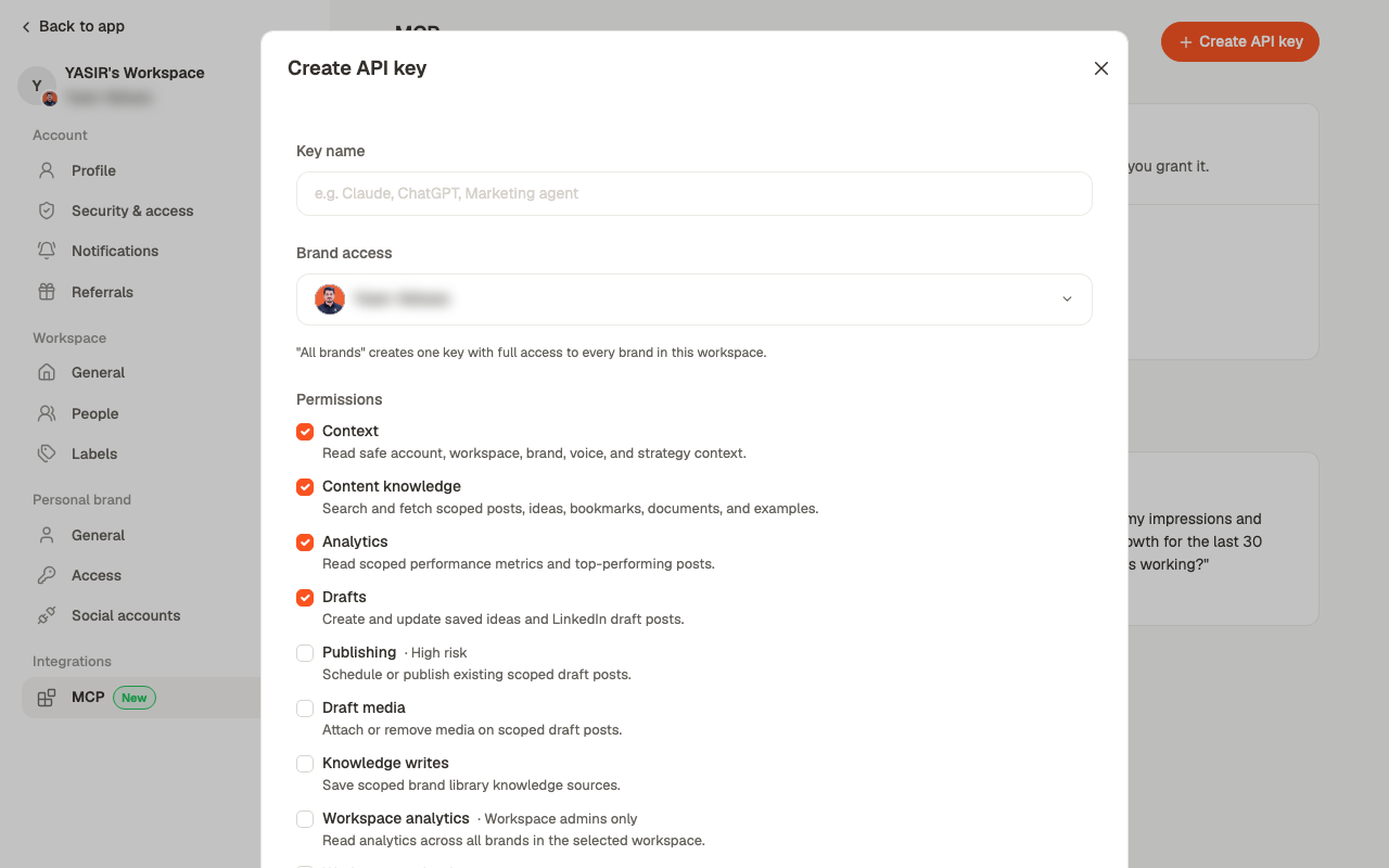 The create API key dialog showing key name, brand access, and the permission checkboxes with the first four ticked
