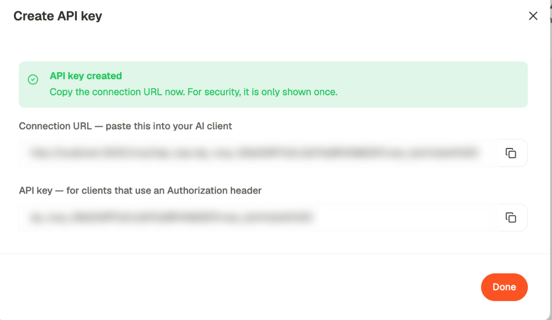 The API key created dialog, confirming the key was made and offering the connection URL and the raw API key, each with a copy button