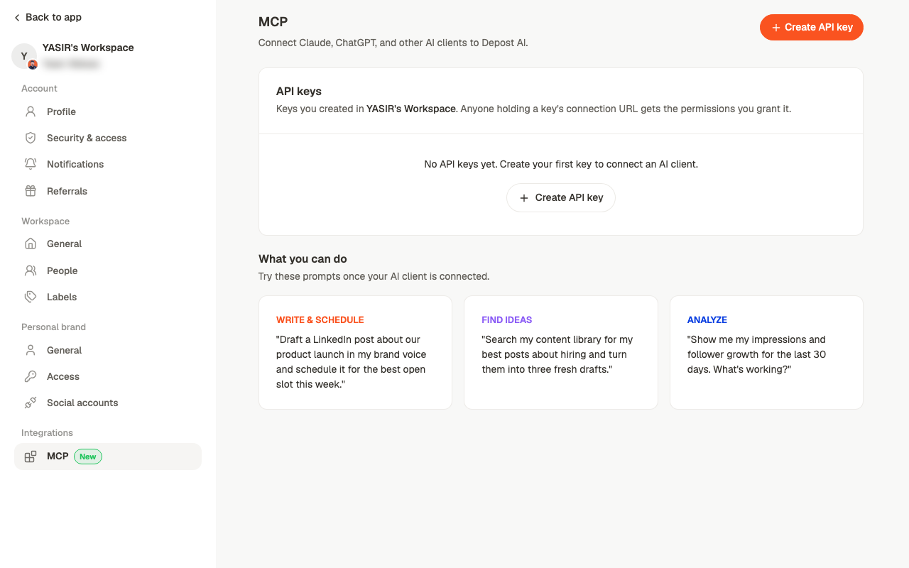 The MCP settings page listing API keys with their access, permissions and last used date