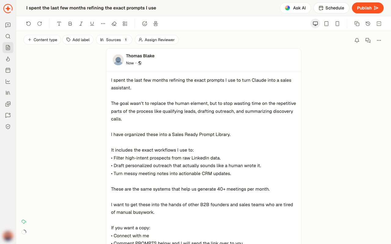 The post editor showing the formatting toolbar, content type and reviewer controls, and a live preview of the post
