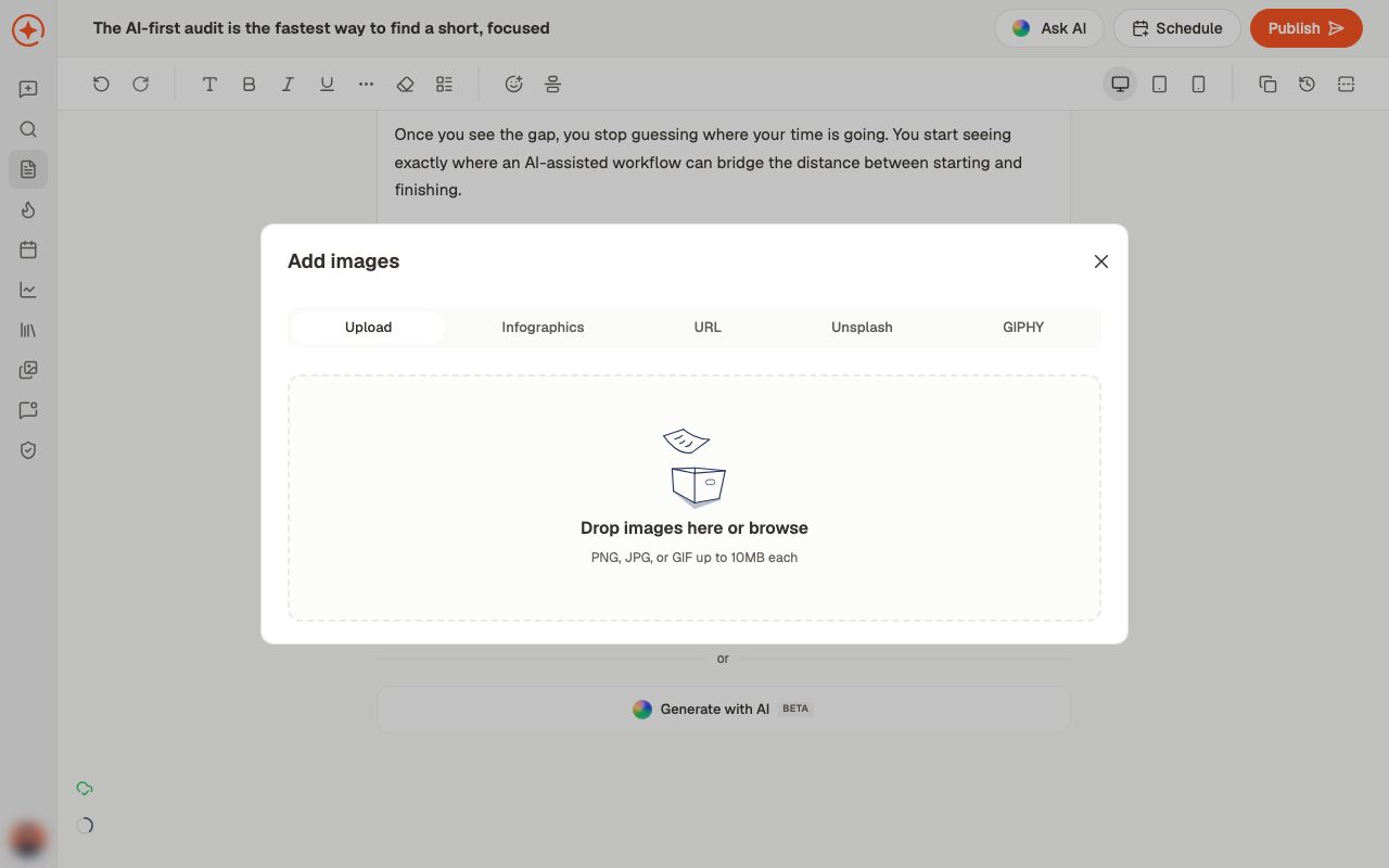 The add-media menu open in the editor, showing options for images, video, PDF carousel and poll