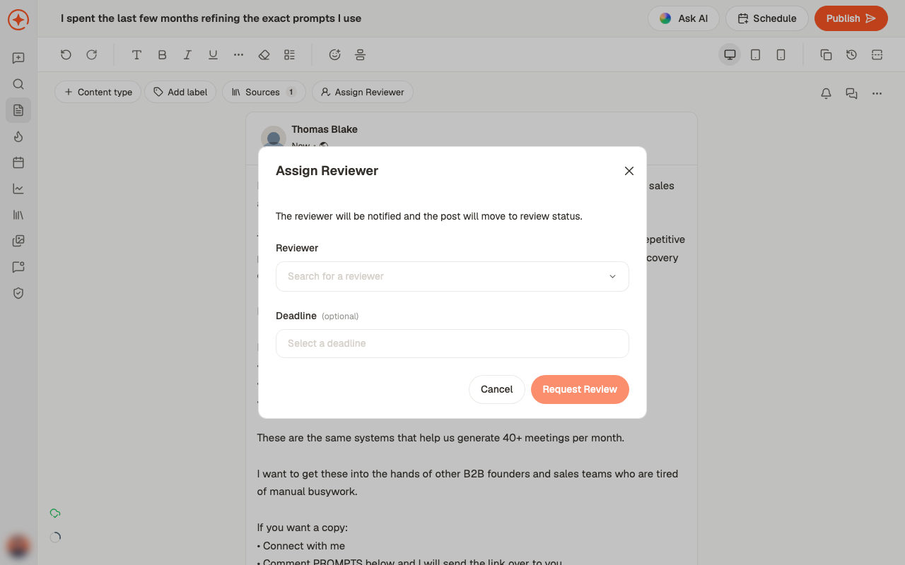 The assign reviewer control open in the editor