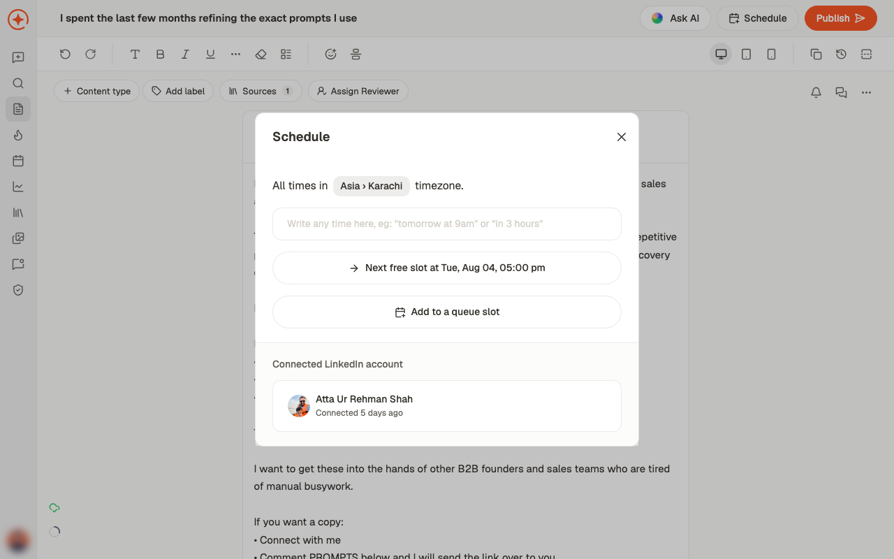 The schedule dialog, showing date and time selection