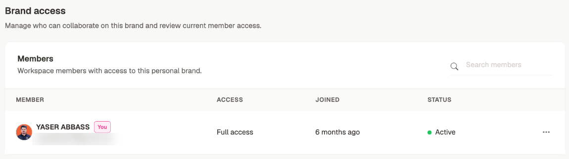The Brand access screen listing workspace members with access to this brand, each with their access level, when they joined and whether they are active