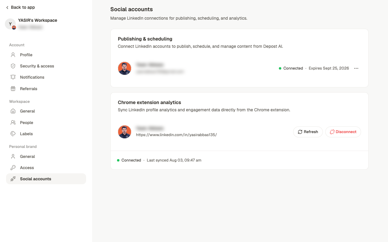 The social accounts screen showing connected LinkedIn accounts