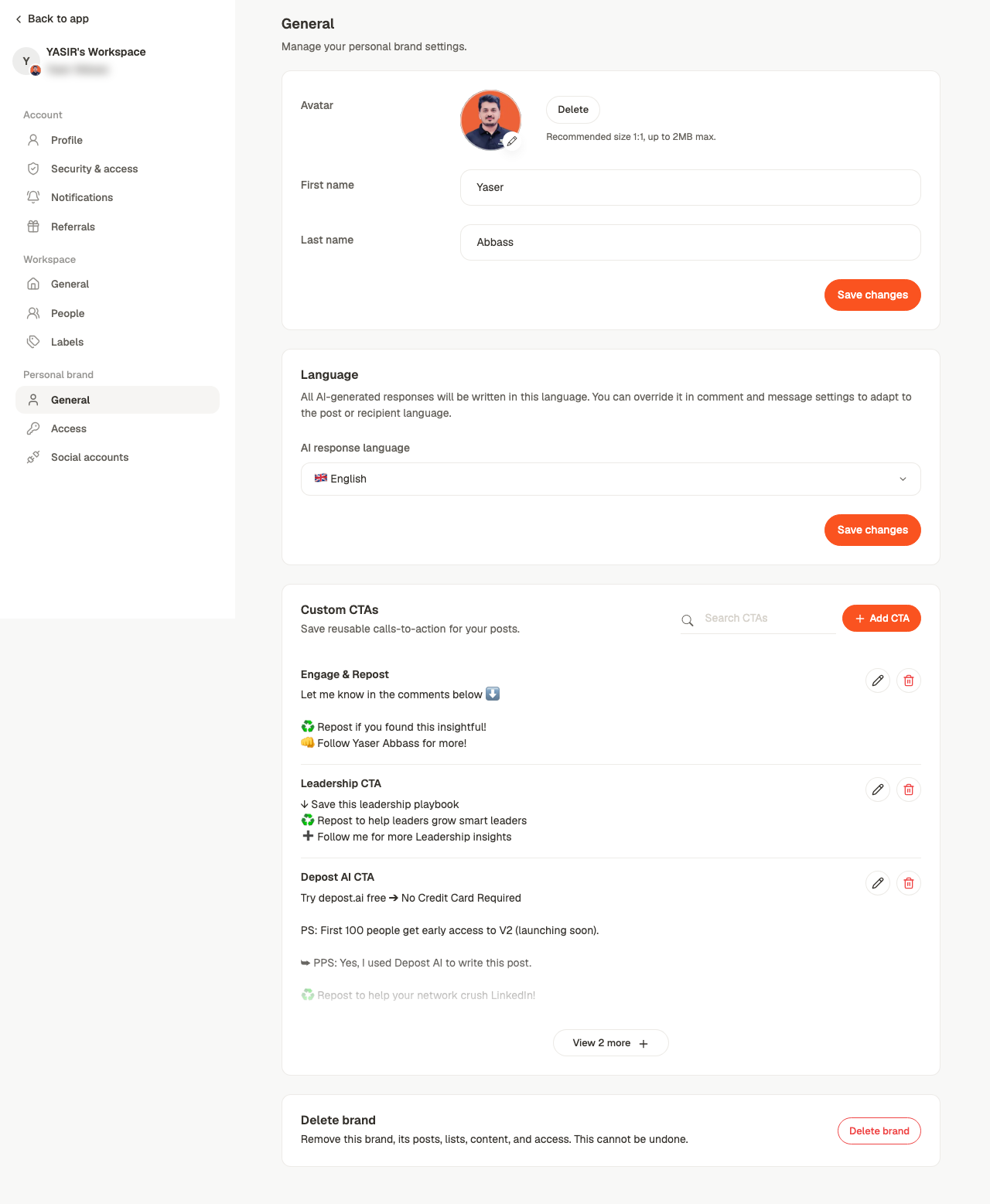Brand settings showing avatar, name fields, AI response language and delete brand