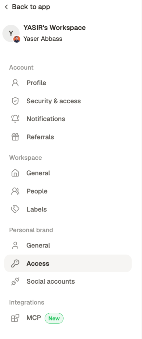 The settings sidebar grouped into Account, Workspace, Personal brand and Integrations