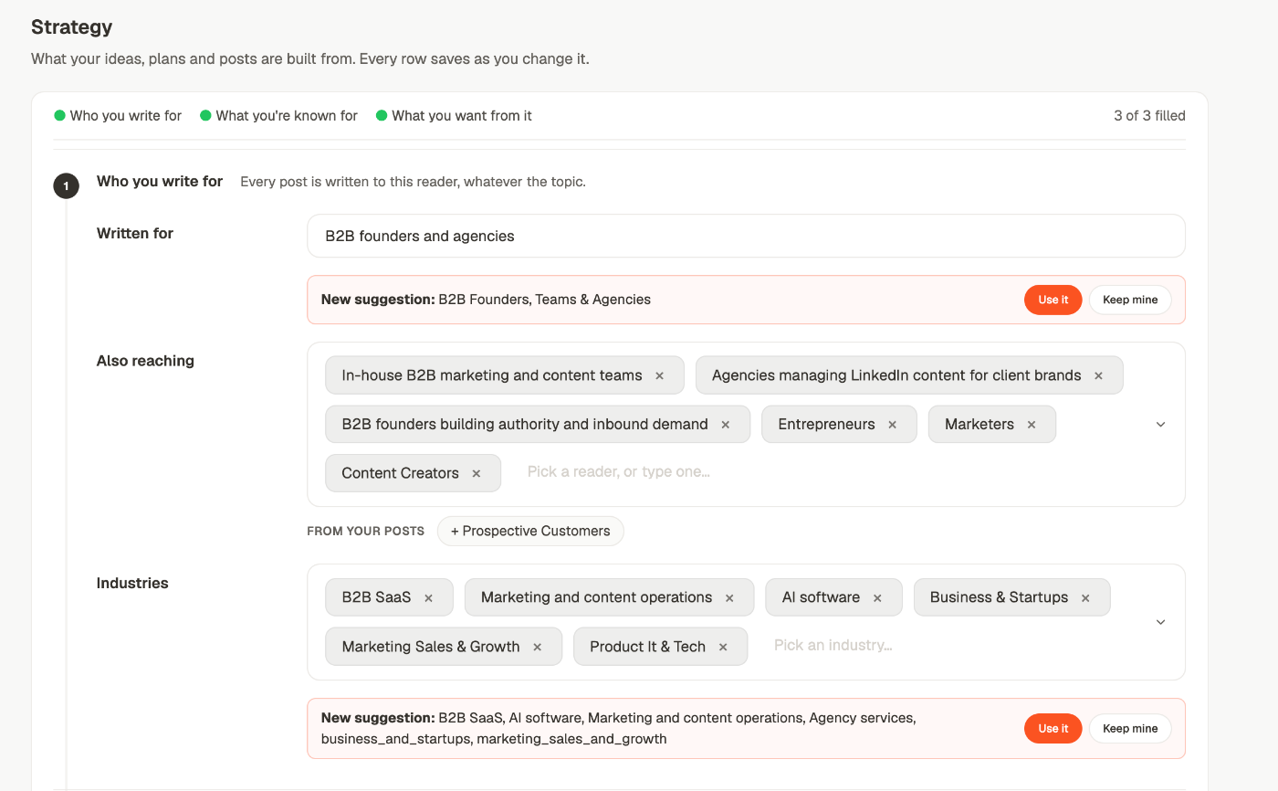 The first block of the strategy screen, with Written for, Also reaching and Industries, a suggestion row offering a new value, and chips taken from your posts