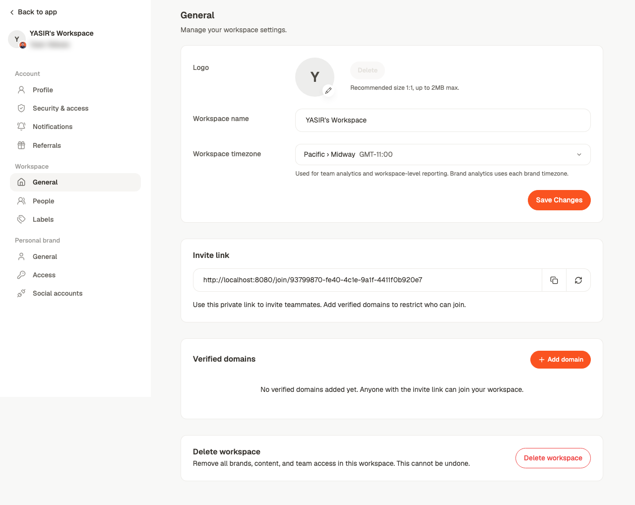 Workspace settings showing name, timezone, logo, invite link and domain controls