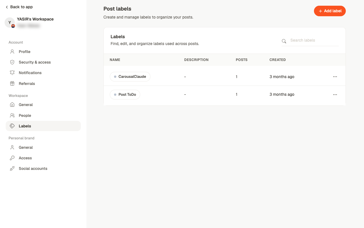 The Post labels settings screen with an Add label control