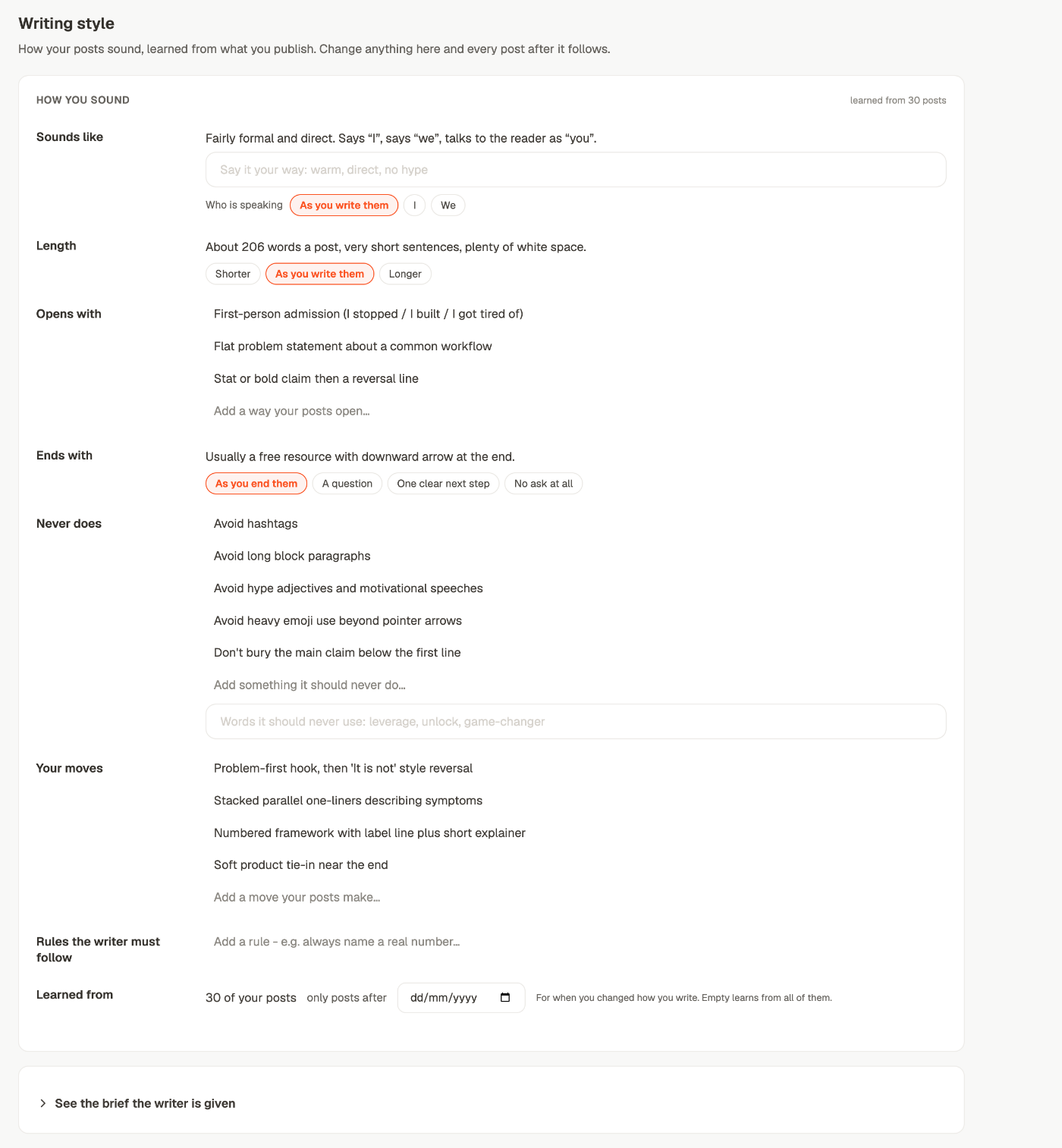 The Writing style screen, with rows for how you sound, length, how posts open and end, what they never do, your moves, rules for the writer, and how many posts it was learned from