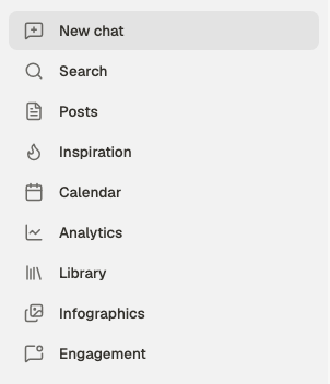 The Depost AI sidebar navigation: New chat, Search, Posts, Inspiration, Calendar, Analytics, Library, Infographics, Engagement