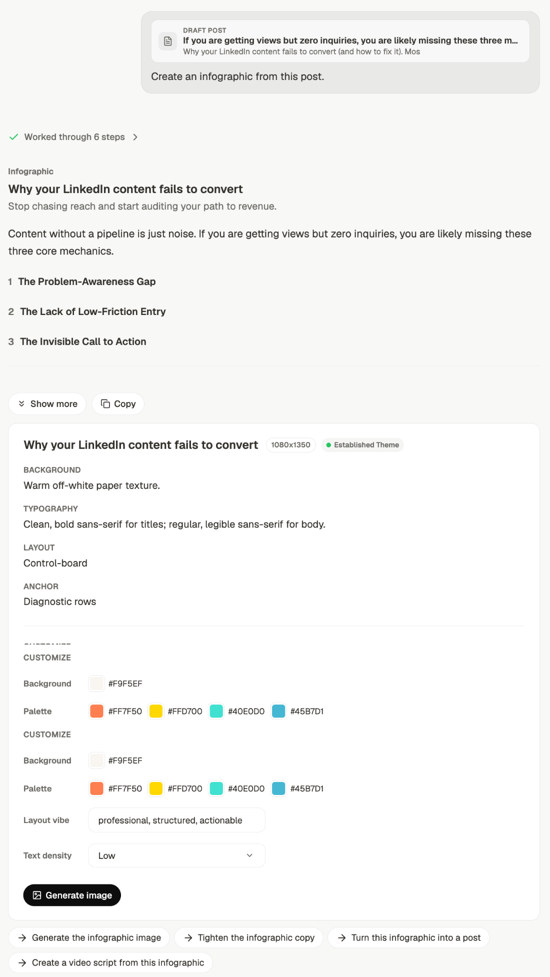 Infographic content returned in chat: a title, subtitle and three numbered blocks, then a render card listing size, background, typography, layout and anchor, with customize controls for background color, palette, layout vibe and text density above a Generate image button