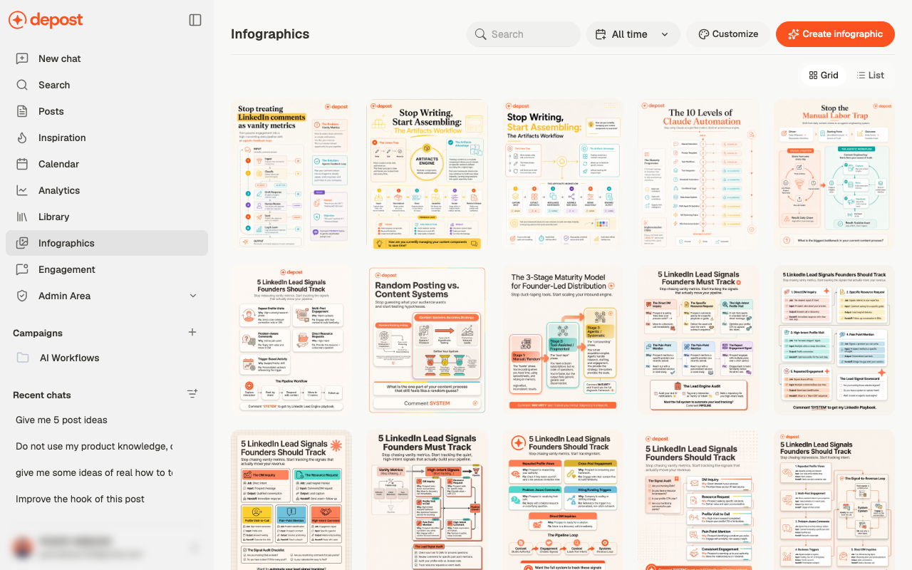 The Infographics gallery showing a grid of generated branded infographics