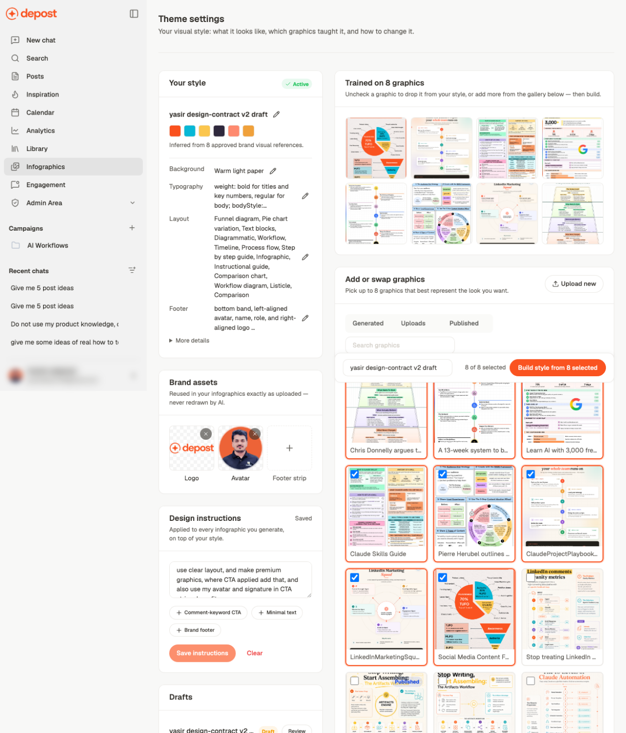 Theme settings: your style with its palette, background, typography, layout and footer, your brand assets, design instructions, and the graphics the style was trained on