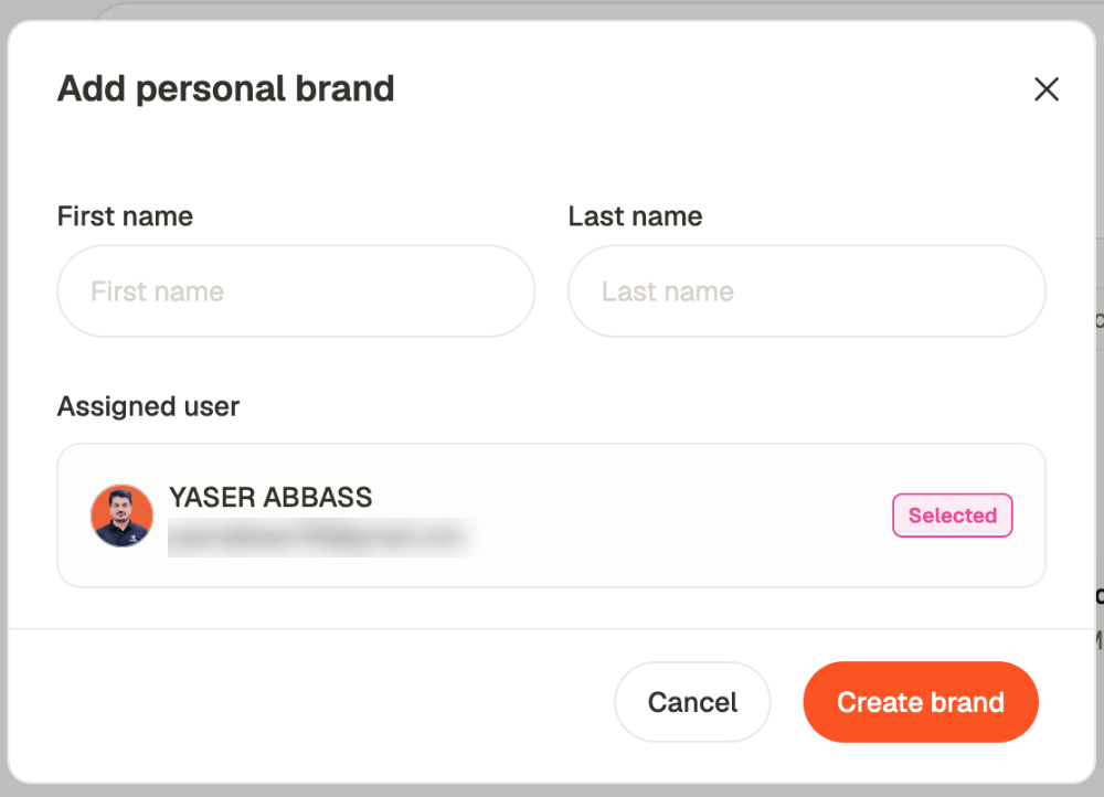 The Add personal brand dialog asking for a first name and last name, with the assigned user shown below and a Create brand button